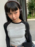 American Retro T Shirt Women Skinny Long Sleeve Crop Tops Y2k Vintage Tshirts Autumn 2000s Streetwear Tee Tops