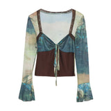 2023 Spring Dress French Court Style Lace With Lace Stitched Print Horn Long-Sleeved T-Shirt