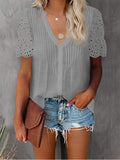Blouse Women 2022 Fashion Patchwork V Neck Office Work Lady Shirts Plus Size Streetwear Casual Short Sleeve Chiffon