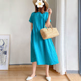 Cotton Linen Loose Dress Summer Fashion Female O-Neck Short Sleeve Solid Color Knee Length Sweet