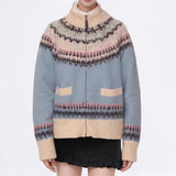 Blue Printed Stand Collar Knitted Cardigan- Outfit