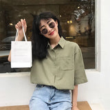 Women Pocket Simple Retro Half Sleeve Female Harajuku Hot Sale Ins Basic Tunic Tops Daily Popular Chic Preppy Style
