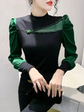 Women Full Puff Sleeve Beading Cotton T-shirts Girl Patchwork Contrast Color T Shirt Female Autumn