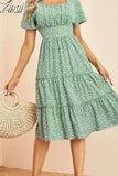 Dress Women Short Sleeve High Waist Floral Print Midi Dress Casual Elegant Square Collar Holiday Beach