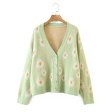 Winter Elegant Knitted Cardigan Kawaii Preppy Style Women Daisy Jacquard V Neck Loose Sweater Pull Femme Casual Coat