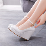 Bottom Heel Single Shoe With White Round Head Waterproof Table Slope Heel Wedding Shoes Pine