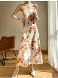 New Chiffon Suspender Dress Women's Waist V-neck Printed Over-The-Knee Floral Dress Retro Outer
