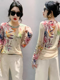 Spring Summer Intimated Silk Fabric T-shirts For Women Fairy Printing Floral Tee Shirt Female Slim High Stretch