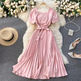 Zingj Retro Solid Color Temperament French Collar Hepburn Style Short-Sleeved Waist Show Thin Pleated Dress Large