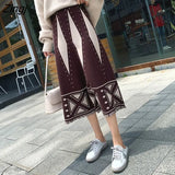 Geometric Print Knitted Skirts Women Autumn National Style Tassel Midi Skirt Female Elegant High Waist A-line Long