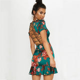 Green Criss Cross Back Frill Hem Shift Dress Streetwear Sheath Flora Print Short Sleeve Above Knee Mini Summer Party