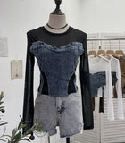Spice Girls Design Sense Net纱 Stitched With Denim Blouse Long-Sleeved Bottom Shirts To Dress Short Niche T-Shirt