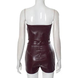 PU Leather Tube Crop Top And Zipper Skort Two Piece Set- Outfit