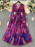 France Retro Chiffon Dress Floral Print V Neck Long Lantern Sleeves Bandage Bow Female Loose Autumn A Line Maxi