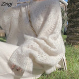 Women Hollow Out Sweater Long Sleeve O-neck Knitted Knitwear Casual Spring Autumn 2021 New Female Clothing Ins