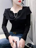 Autumn Cotton T-shirt Women's Beading Bowknot Slash Collor TShirts Female Fashion Slim Top