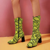 Size Women's Shoes 44 45 Fashion Zipper Snake Print Women Mid Calf Boots LadiesThick High Heel Autumn Winter Short