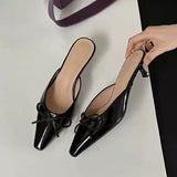 New Bows Fine Heels Large-Size Wine Red Wear Slippers Retro Tip