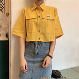 Women's Shirt Short Sleeve Harajuku Summer Vintage Kawaii Blouse Soft Girls Korean Style Button Up Yellow White Crop