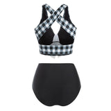 Checkered Criss Cross Tied Button Embellished Tankini Swimwear Padded Bikinis Set Wire Free Plunging Neck For