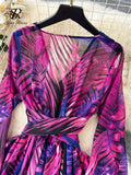 France Retro Chiffon Dress Floral Print V Neck Long Lantern Sleeves Bandage Bow Female Loose Autumn A Line Maxi