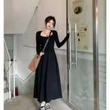 Zingj Desire Wind Temperament Long Sleeve Dress Female Autumn Dress 2024 New Splicing Fold Closed Waist Show Thin Long Skirt-Outfit