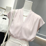 Zingj Sense Of Satin Acetic Acid Shirt Female Design Sense Niche V-Neck Solid Color French Small Flying Sleeve Summer Top