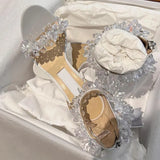 Zingj New Open-Toe Crystal One Word With Sandal Women's Soft Leather Wedding Shoes Fairy Wind Socialite Banquet High