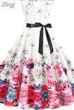 Dress Women Vintage Elegant Party Dress Retro Swing Floral Print Sleeveless Casual Midi Sundress
