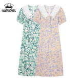 Vintage Broken Flowers Dress Lace Doll Collar Puff Short Sleeve Casual Fashion High Waist Baggy Long Skirt Ladies