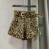 2022 New Arrival High Waist Brown Leopard Slim Wide Leg Shorts With Belt Fashion Tide Women