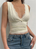 Vintage Lace Floral Mini Vest Summer Party Clubwear for Women Sleeveless V-neck Slim Fit Solid Tank Cropped Tops