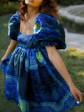Square Neck Pleated A-Line Dress Spring Summer Short Sleeve Loose Floral Print Dress Women Elegant Puff Sleeve Party