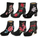 Zingj Boots Ankle Boots Embroidered Cloth Shoes Spring High Heels Velvet Canvas Thick Heel Plus Size Short Leg
