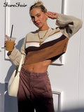 O Neck Long Sleeve Crop Top Knitted Sweater Women 2022 Autumn Brown 90s Vintage Pullover Loose Casual Jumper