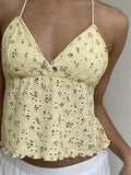 Retro Women Lace Halter Camis Tops Sleeveless Embroidery Floral Print Slim Fit Backless Tie-up Tank Summer Mini