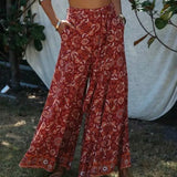 Queens Women Floral Print Wide Leg Bohemian Pant Ladies Sashes Loose Rayon Cotton Boho Long Pants