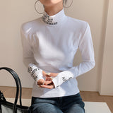 Fleece Long Sleeve T Shirt Turtleneck Women High Neck Top Letter Print TShirt White Black Tee Plus Size Women