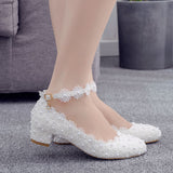 3 Cm Square-Headed Single-Shoe One-Word Wristband Spring And Autumn White Lace Wedding Shoes Bridesmaids