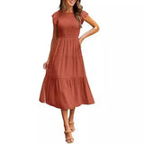Summer Hot Women's Clothing New To Take Flying Sleeves Pure Color Folding Short-Sleeved Dress