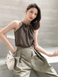 O-neck Collar Solid Sleeveless Top Women Chiffon Hanging Neck Off Shoulder T-shirt Women 2023 Autumn And Summer