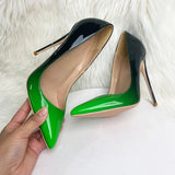 Green Gradient Color Women Pointy Toe Glossy Stiletto Pumps Sexy Ladies 12cm High Heel Party 10cm Shoes QP149