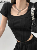 New Bright Line White T-shirt Women Fashion Slim Square Neck Short Sleeve Cropped Tops