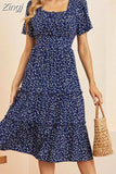 Dress Women Short Sleeve High Waist Floral Print Midi Dress Casual Elegant Square Collar Holiday Beach