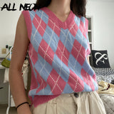 2000s Aesthetics Argyle Plaid V-neck Knitted Tank Tops E-girl Vintage Sleeveless Loosed Pink Vests Sweater School