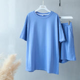 Summer Tracksuits Womens Two Peices Set Leisure Outfits Cotton Oversized T-shirts High Waist Shorts Candy Color