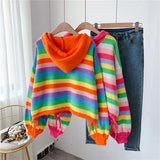 Autumn and Winter Pullover Color Sweater Sweater Women Rainbow Stripes Loose Hooded College Style Short Knit Sweater