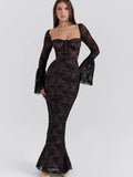 Lace Square Neck Long Flare Sleeve Maxi Dress- Outfit