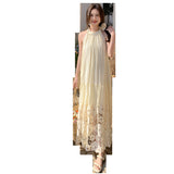 Zingj Summer New Style Hanging Neck Dress Lace Hollow Out Seaside Holiday Heavy Industry Pendant Feeling Skirt Beach Dress