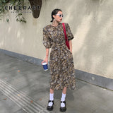 Vintage Floral Long Sleeve Lace Up Korean Fashion Dress Women A Line Loose Knot Ladies Long Midi Dress Tunics
